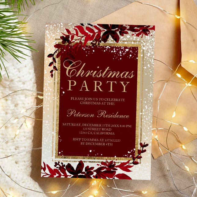 Convites dourada tipografia folha vermelha neve elegante Na (gold typography red leaf snow elegant Christmas Invitation)