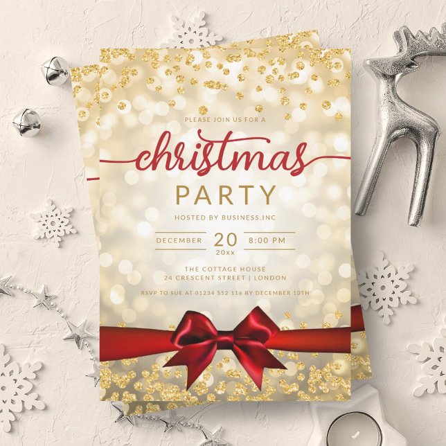 Convites Dourada Winter Glam Company Xmas Red Ribbon (Gold Winter Glam Company Xmas Red Ribbon Invitation)