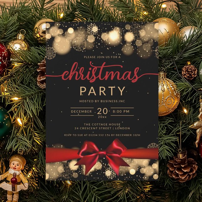 Convites Dourada Winter Wonderland Company Xmas Red Ribbon (Gold Winter Wonderland Company Xmas Red Ribbon Invitation)