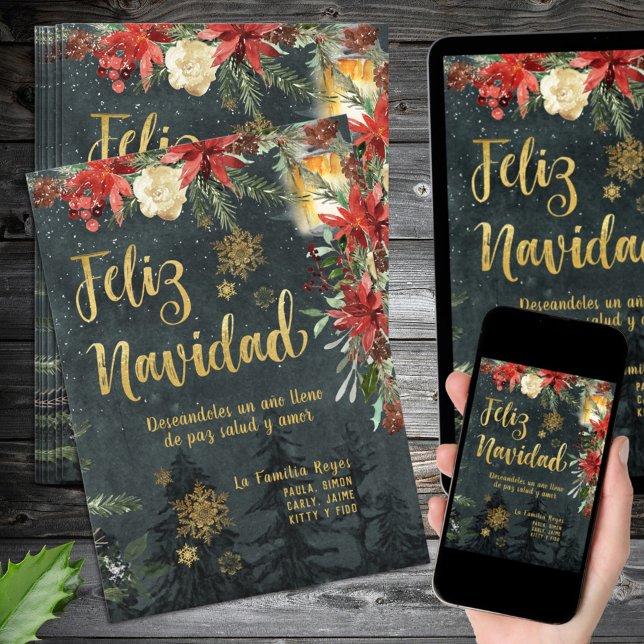 Convites Dourada Woodland - Espanha - Feliz Navidad - Cartã (Gold Woodland Spanish Feliz Navidad Christmas Card. Edit the text to make this an invitation.)