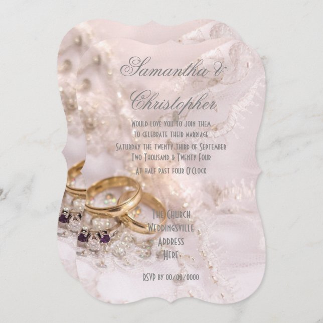 Convites Douradas alianças vestidas de noivas (Frente/Verso)