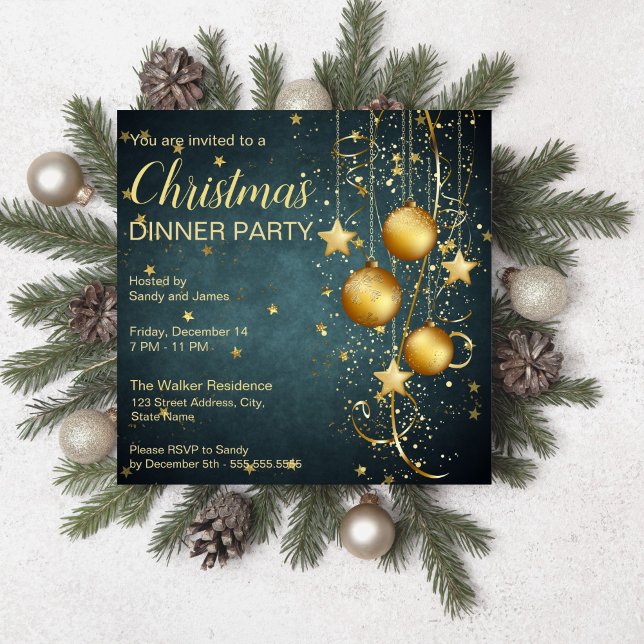 Convites Douradas bolhas e estrelas verde-escuro Natal (Gold baubles and stars dark teal green Christmas Invitation starry night christmas party invitation )
