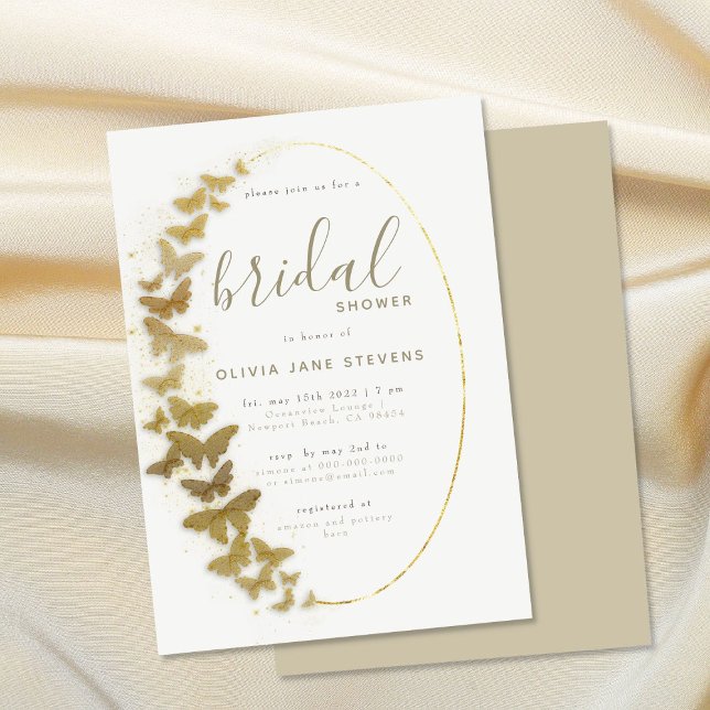 Convites Douradas borboletas Elegante Chá de panela de quad (gold butterflies bridal shower invitation bohemian romantic frame elegant boho modern simple trendy)