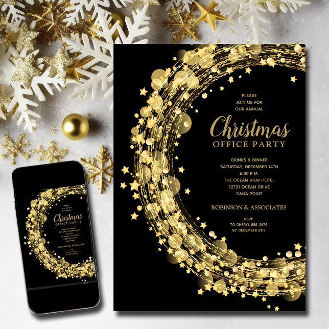 Convites Douradas estrelas na Festa de Natal Negro (Gold Stars Christmas Holiday Invitations - INSTANT DOWNLOAD and/or PRINTED)