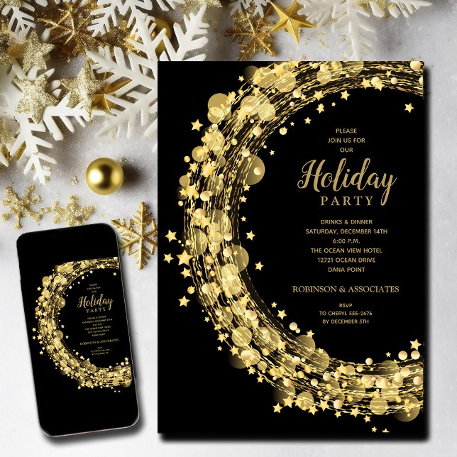 Convites Douradas estrelas no Natal Negro (Gold Stars Christmas Holiday Invitations - INSTANT DOWNLOAD and/or PRINTED)