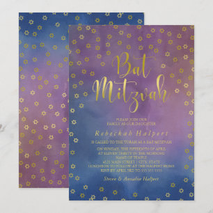 Convites Douradas estrelas Watercolor Bat Mitzvah