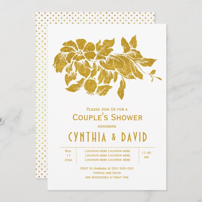 Convites Douradas flores brilhantes chá de casais florais d (Frente/Verso)