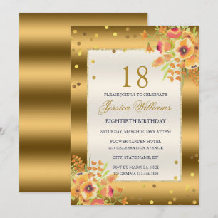 Convites Douradas Flores de Confetti e Canto 18º Aniversá