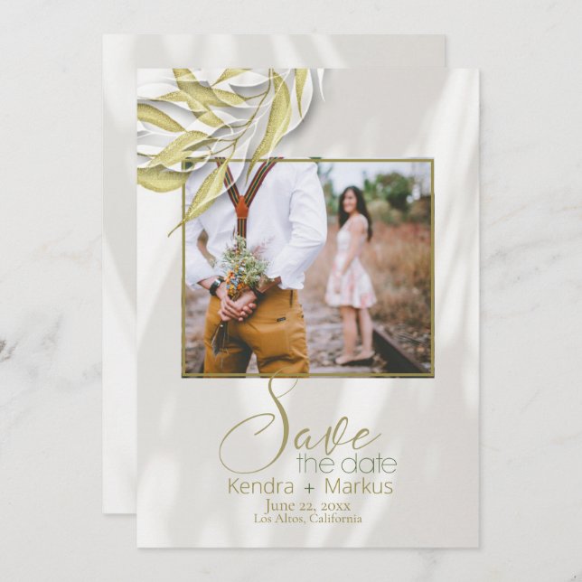 Convites Douradas Folhas Filtradas Sombras Salvar Data (Frente/Verso)