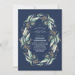Convites Douradas Folhas Verde Marinho Batismo Azul