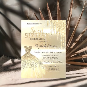 Convites Douradas Glitter Drips, Dress Sweet 16