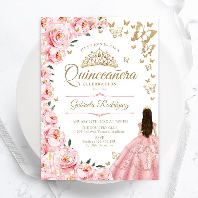 Convites Douradas rosas rosa Borboletas Quinceanera (Criador carregado)