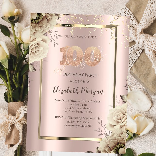 Convites Douradas sequências, Flores Rosa Dourado 100º aniv (Criador carregado)