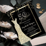 Convites Douradas sequências vestidas 50º aniversário<br><div class="desc">Douradas sequências vestem-se e confetem sobre fundo preto.</div>