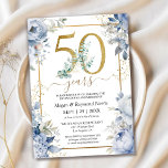 Convites Dourado 50º aniversário de casamento Dusty Blue Fl<br><div class="desc">Celebre 50 anos de amor com o nosso elegante "Dourado 50º aniversário de casamento Dusty Blue Floral Invitation!" Perfeito para uma festa memorável de ouro. Ordene seu dia de hoje e faça sua celebração realmente especial! Note-se que os efeitos Dourados de brilho são apenas simulados; não será usado ouro real...</div>