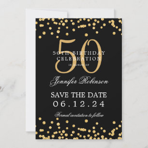 Convites Dourado 50º Aniversário Negro Salve a Data Confett
