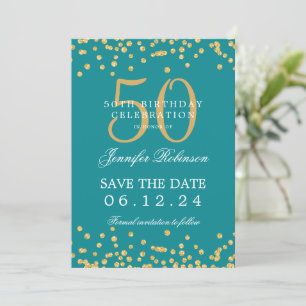 Convites Dourado 50º aniversário Salve a Data do Teal Confe