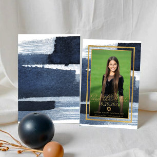 Convites Dourado Abstrato Azul Foto Bat Mitzvah Salve a Dat