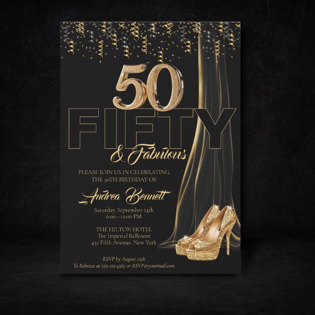 Convites Dourado alto salto negro elegante 50 fabuloso aniv (50th birthay gold high heels elegant and luxury celebration.)