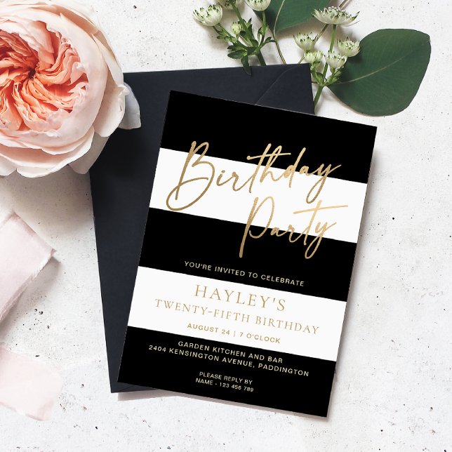 Convites Dourado aniversário da Greve Branca Negra (Birthday Party Invitation)