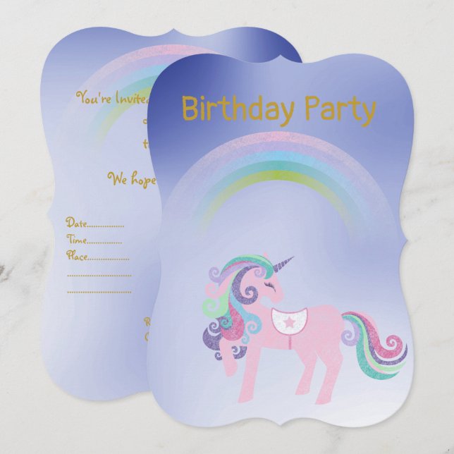Convites Dourado aniversário do bonito Blue Rainbow Unicorn (Frente/Verso)