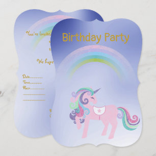 Convites Dourado aniversário do bonito Blue Rainbow Unicorn