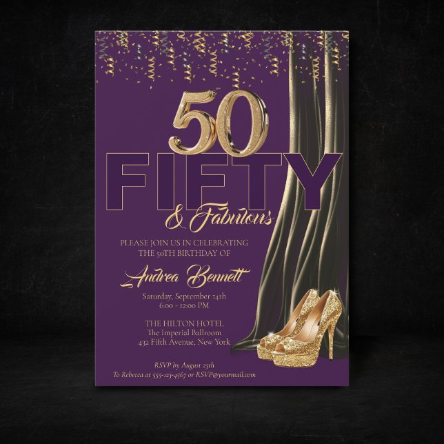 Convites Dourado Aniversário do Elegante Roxo 50 Fabuloso (Gold Purple 50th birthday invitation high heels)