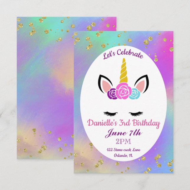 Convites Dourado Aniversário Floral Unicorn com Cores Aquát (Frente/Verso)