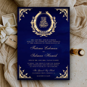 Convites Dourado Antigo Crista Azul Real Casamento Muçulman