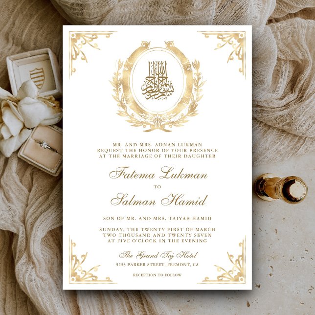 Convites Dourado Antigo Crista Branco Casamento Muçulmano (Criador carregado)