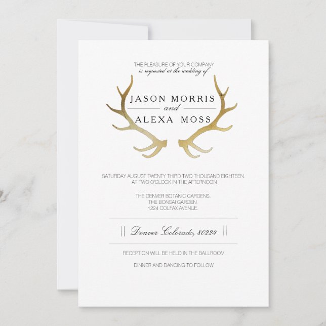 Convites Dourado Antler Russo | Casamento Elegante (Frente)
