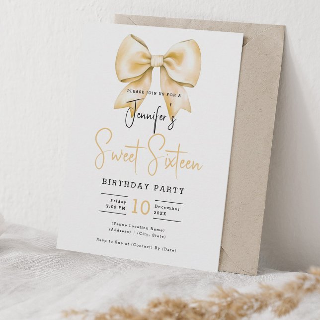 Convites Dourado Arco Coquette Cute Script Sweet 16 Party (Gold Bow Coquette Cute Script Sweet 16 Party Invitation)