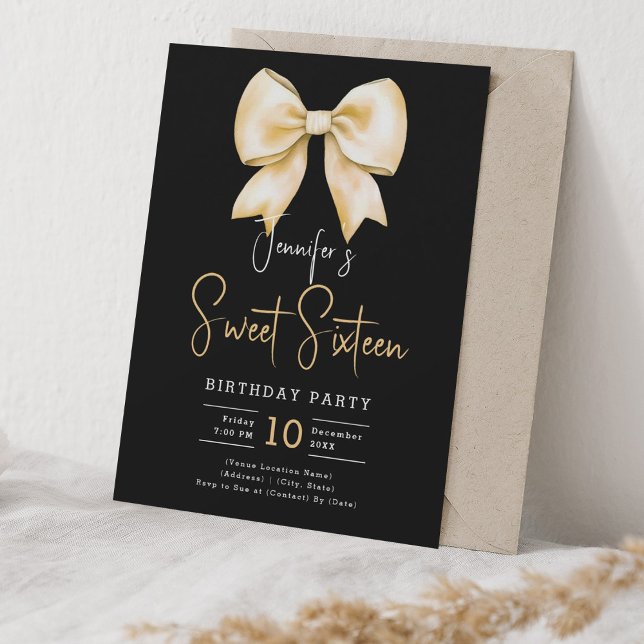 Convites Dourado Arco Coquette Script Sweet 16 Party Black (Gold Bow Coquette Script Sweet 16 Party Black Invitation)