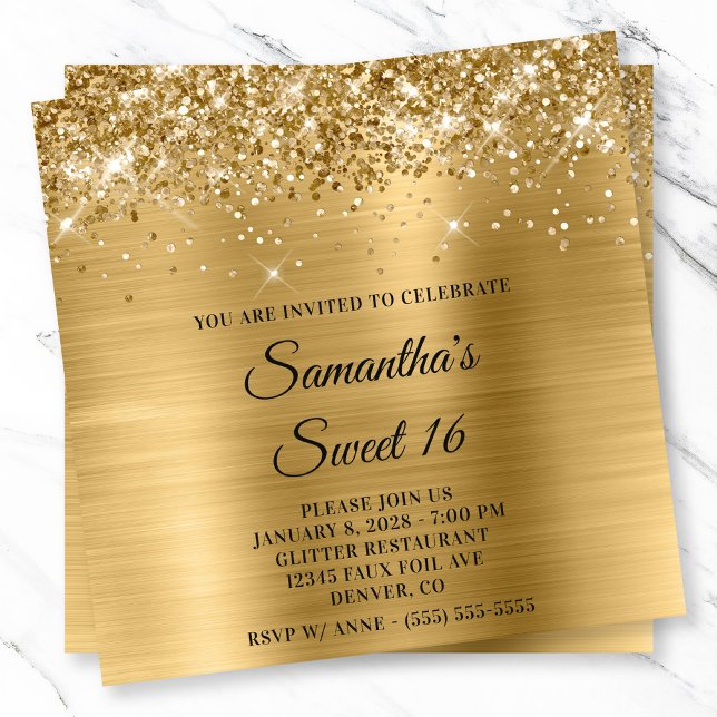 Convites Dourado aspecto metálico brilhante 16 (Glittery Gold Metallic Look Sweet 16 Invitation)