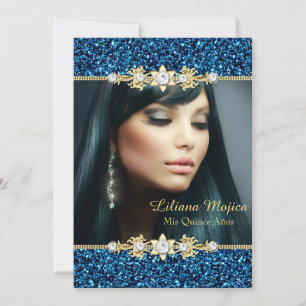 Convites Dourado Azul Brilho & Arco de Joia Quinceanera