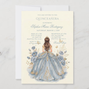 Convites Dourado Azul Empoeirado Princesa Floral Quinceañer