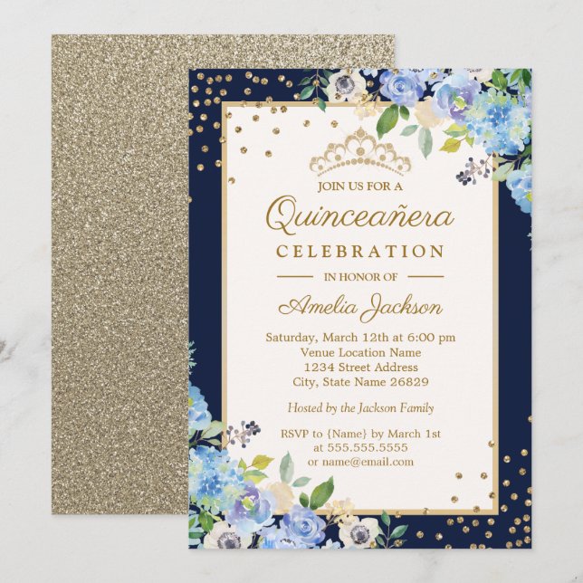 Convites Dourado Azul floral Brilho Quinceanera (Frente/Verso)