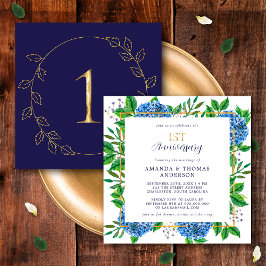 Convites Dourado Azul Hydrangea 1rua Aniversário de Casamen