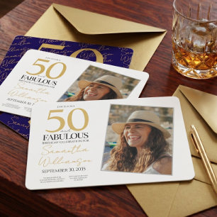 Convites Dourado & Azul Marinho   50º Aniversário Fabuloso 