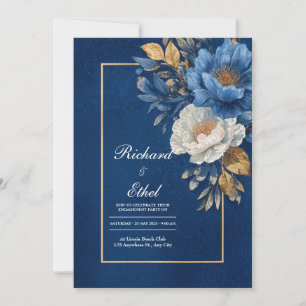 Convites Dourado Azul Marinho Branco Peônia Floral Casament
