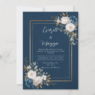 Convites Dourado Azul Marinho Branco Rosa Floral Casamento