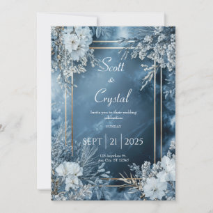 Convites Dourado Azul Meia-Noite Moldura Floral Invernal Fo