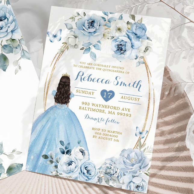 Convites Dourado Baby Blue Floral Princess Quinceañera (Criador carregado)