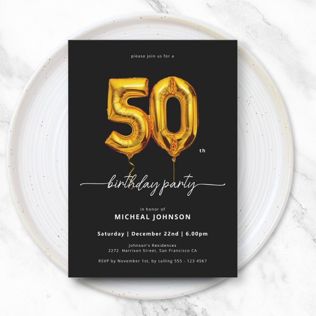 Convites Dourado Balão Negro 50º Aniversário (Gold Balloon Black 50th Birthday Invitation)