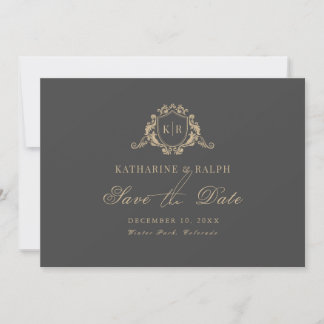 Convites Dourado Barroco Crest Monograma Cinza Salvar Data