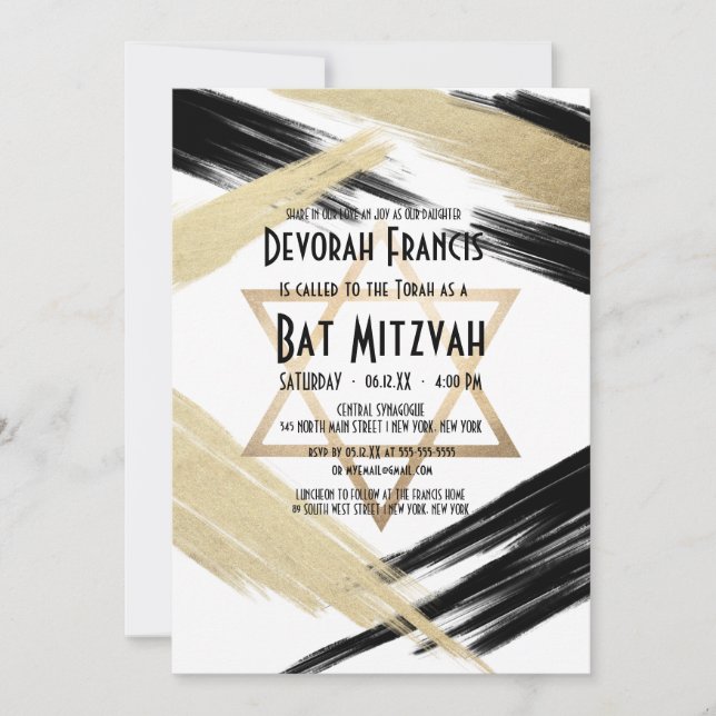 Convites Dourado Bat Mitzvah, preto moderno (Frente)