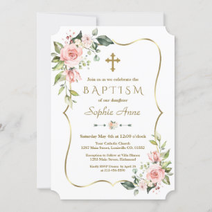 Convites Dourado Batismo de Quadro das Flores Rosa Modernas