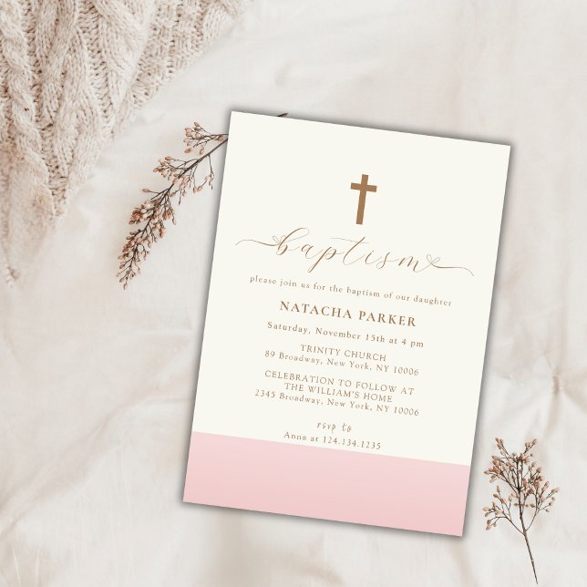 Convites Dourado batismo rosa minimalista moderno (Modern Minimalist Pink Gold Cross Baptism Invitation)