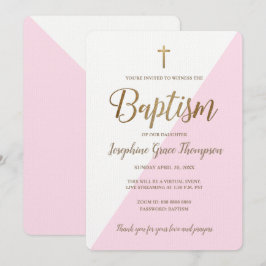 Convites Dourado batismo virtual, branco-rosa moderno