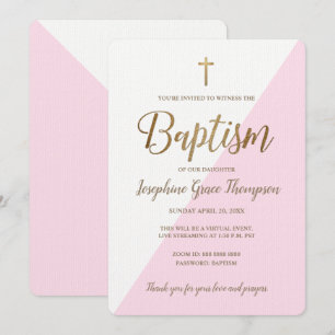 Convites Dourado batismo virtual, branco-rosa moderno